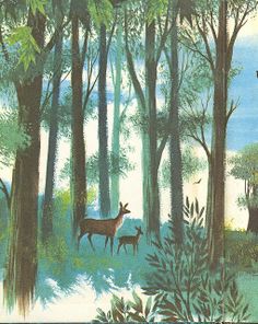 an illustration of two deer in the woods