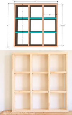 an empty bookcase is shown with measurements for the shelves