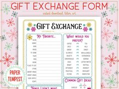 a printable gift exchange form with snowflakes on the bottom and words below it