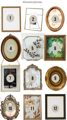 twelve framed pictures with numbers on them in different styles and sizes, including one for the number