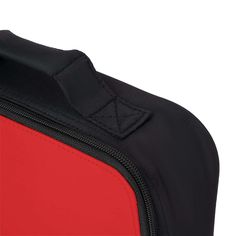 a red and black bag with a zipper on it