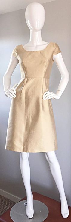 Badgley Mischka Light Gold Fit and Flare 50s Style Flattering Silk Dress Badgley Mischka, 50s Fashion, 1950s Fashion, Fit & Flare, Silk Dress, Fit And Flare, Gold Color, High Neck Dress, Evening Dresses