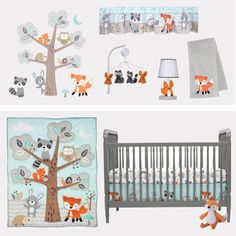 a baby's room with an animal themed crib, bedding and wall hangings