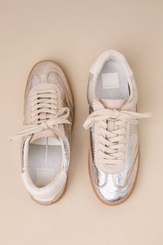 Prom Sneakers, Trendy Metallic Lace-up Sneakers, Metallic Lace-up Sneakers For Sports, Metallic Leather Lace-up Sneakers, Metallic Shoes Outfit, Luxury Metallic Silver Lace-up Sneakers, Gold Lace-up Sneakers With Textured Sole, Metallic Sneakers, Metallic Shoes