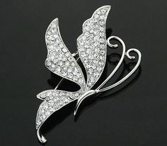 Gold and Silver Swarovski Crystal Butterfly Pin Brooches for evening dress Silver Butterfly Brooch For Party, Butterfly Shaped Brooches For Party, Evening Butterfly Brooch, Elegant Butterfly Brooches For Evening, Elegant Silver Butterfly Brooches, Elegant Silver Butterfly Brooch, Butterfly Brooch For Evening Wear, Silver Butterfly Brooch For Wedding, Evening Butterfly Brooch Jewelry