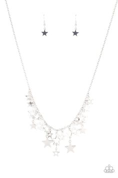 A mismatched collection of shiny silver stars cascade from a dainty silver chain, creating a stellar fringe below the collar. Features an adjustable clasp closure.

 Sold as one individual necklace. Includes one pair of matching earrings. Star Necklace Silver, Rose Gold Frame, Bling Necklace, Jewelry Show, Paparazzi Accessories, Paparazzi Jewelry, Shiny Silver, Star Necklace, Silver Stars