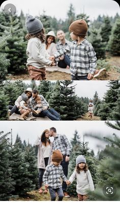 three pictures of people in the woods with trees and one is holding a child's hand