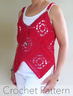 Crochet Tank Top PATTERN /Boho Summer Top / Granny Square | Etsy Bohemian Summer Vacation Patterns, Bohemian Granny Square Crochet Top For Beach, Bohemian Vacation Patterns, Summer Festival Crochet Top With Granny Square, Bohemian Beach Patterns For Spring, Bohemian Crochet Lace Patterns For Beach, Summer Festival Crochet Patterns, Bohemian Crochet Patterns For Vacation, Bohemian Red Crochet Lace Top