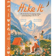 an illustrated book with the title hike it and two children sitting in front of mountains