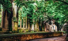 an old cemetery is surrounded by trees and cobblestones