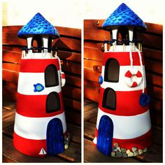 two pictures of a red white and blue lighthouse made out of plastic bottles on a wooden table