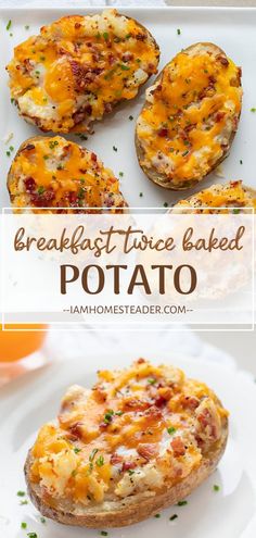 baked twice baked potato with bacon and cheese on top, in the background is an image of