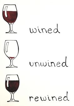 three wine glasses with the words wine unwinded and rewined