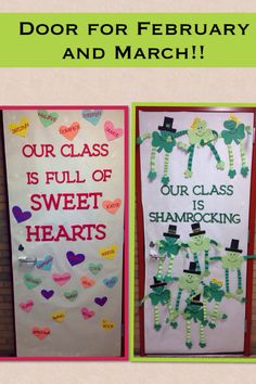 two st patrick's day bulletin boards with shamrocks on them and the words our class is full of sweet hearts