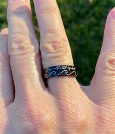 "This line of black stainless steel rings (sizes 5-11) is engraved with the quote \"It is well with my soul\" in a pretty script font. --Rings come in a small gift box. This style stainless steel ring is 3mm wide. I offer other stacking rings (stamped or engraved in silver, gold or rose gold) that can be worn with this ring as well. PLEASE be sure of your ring size before ordering. If you're interested in a different quote or name, please message me." Personalized Stackable Rings, Waves Ring, Black Waves, Pretty Script Fonts, It Is Well With My Soul, Jewelry Quotes, Name Rings, Wave Ring, Small Gift Boxes