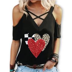 Black Plus-Size Heart Print Criss-Cross Cold-Shoulder T-Shirt, Size 3xl Black With Multi Color/Patterned Hearts V-Neck With Criss Cross Neckline Short Sleeves Cold Shoulder Measurements (Laid Flat): Pit To Pit: 23" Shoulder To Hem: 29" Please Be Aware That The Top Does Not Contain Any Sequins. Brand New In Original Manufacturer's Packaging. No Rips, Tears, Holes, Pulls, Pilling, Stains, Or Discolorations. I Ship Next Day. Smoke & Pet Free Home. Black Heart Print T-shirt For Spring, Trendy Black T-shirt With Heart Print, Black Trendy T-shirt With Heart Print, Black Off-shoulder Casual T-shirt, Trendy Black Tops With Heart Print, Trendy Black Top With Heart Print, Casual Black Tops With Heart Print, Black Casual Tops With Heart Print, Black Heart Print Top For Spring