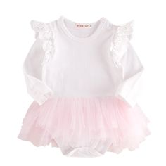 Size: 3-6 Months, 6-12 Months, 12-18 Months, 18-24 Months Material: Cotton Care: Machine Wash Spring White Playwear For Babies, Cotton Tops For Baptism In Spring, Spring Long Sleeve Tops For Baptism, Spring Baptism Long Sleeve Tops, White Long Sleeve Tops For Baptism, White Long Sleeve Playwear For Babies, Kimono Onesie, Pink Overalls, Tulle Tutu Skirt