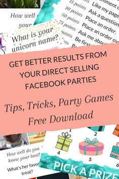 the text reads get better results from your direct selling facebook parties tips, tricks, party games and free printables