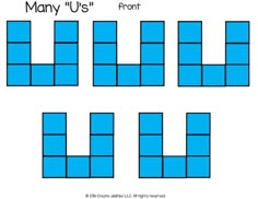 the letter u is made up of blue blocks and has three smaller letters on each side