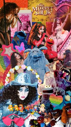 the collage shows many different people and their costumes, including one woman with curly hair