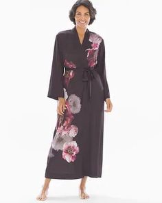 Why you’ll love it: Wrap up in this beautiful, one-of-a-kind floral robe that's silky smooth.  Details  Open front with attached belt.Drop shoulder kimono sleeves.Side seam pockets.Approximately 55" from shoulder.97% polyester, 3% spandex. Hand wash. Imported. Perfect Bra Fit, Chic Over 50, What Women Want, Floral Gown, Floral Robes, The Vanishing, Perfect Bra, Cute Jeans, Womens Robes