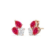 You won't regret treating yourself to this fuss-free wardrobe staple. These diamond and created ruby cluster earrings will easily fit in with many different looks. Each earring features three stones set close to each other: two of which are pear-shaped and set in opposite directions, and one oval-shaped secured by four prongs. Blue Wedding Band, Something Blue Wedding, Gorgeous Engagement Ring, Diamond Anniversary Rings, Ruby Earrings, Cluster Earrings, Fine Jewelry Gift, Lab Diamonds, Stone Settings