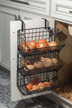 Hanging Fruit Basket, Laundry Cabinet, Onion Storage, Produce Storage, Hanging Fruit Baskets, Kitchen Storage Hacks, Kabinet Dapur, Inside Cabinets, Vegetable Storage