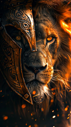 a close up of a lion with a helmet on its head and fire in the background