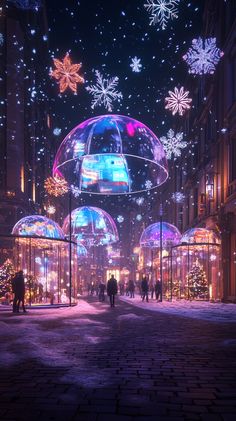 🎄 Futuristic Christmas: Explore a vibrant urban street scene filled with illuminated transparent domes, interactive holograms, and floating LED snowflakes. Experience the joy of the holidays in a sustainable, tech-driven environment! #FuturisticChristmas #Holograms #UrbanDesign #midjourney Alien Stuff, Urban Street, Urban Design, Floating, Holidays