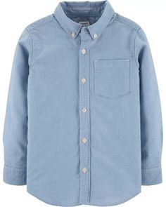 Blue Kid Oxford Button-Front Shirt | carters.com Long Sleeve Tops With Button Cuffs For Everyday, Everyday Long Sleeve Tops With Button Cuffs, Everyday Long Sleeve Tops With Button Closure, Long Sleeve Cotton Shirt With Placket, Cute Blue Button-up Shirt, Long Sleeve Cotton Tops With Placket, Long Sleeve Cotton Top With Placket, Cotton Long Sleeve Tops With Placket, Basic Cotton Tops With Button Closure