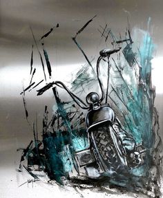 a painting of a motorcycle with blue paint splattered on it