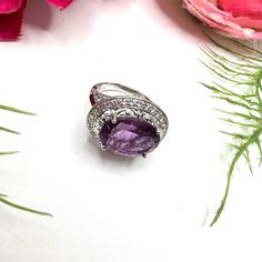 Absolutely Stunning Fabulous Genuine Faceted Huge Oval Amethyst Crystal Set In A Sterling Silver Filigree Lace Vintage Style Cocktail Ring With A Rhodium Plating To Protect Sterling From Tarnish. Cz Pav. Very Well Made & Sparkly! Looks Expensive New With Tags Boutique Item Measurements: See Photos Please! Size References Included. Size 6 Box Is Not Included Tags: Antique, Vintage, Classy, Retro, Chic, Glam, Opera, Dinner, Date, Anniversary, Birthday, Party, 1920, 20’s, 60’s, 10k, 12k, 14k, 18k, Silver Amethyst Ring With Accent Stones For Formal Occasions, Fine Jewelry Silver Amethyst Ring With Accent Stones, Elegant Amethyst Crystal Ring With Stone Setting, Silver Amethyst Ring With Accent Stones, Silver Amethyst Ring With Center Stone, Elegant Amethyst Ring For Anniversary With Stone Setting, Wedding Amethyst Gemstones With Diamond Accents, Fine Jewelry Amethyst Ring With Accent Stones In Silver, Elegant Amethyst Ring With Stone Setting For Formal Events