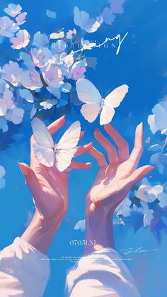 a painting of two hands reaching for butterflies in the air with blue sky and clouds behind them