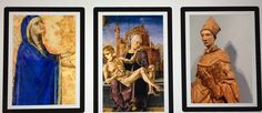 three framed pictures of the virgin mary and jesus with an infant in front of them