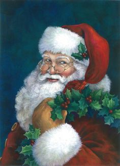 a painting of santa claus holding a holly - berry wreath and looking at the camera