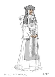 a drawing of a woman in medieval clothing