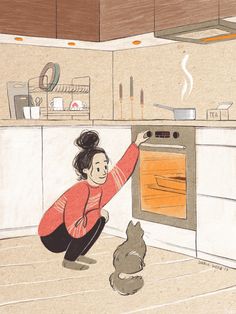 a drawing of a woman kneeling in front of an oven with a cat looking at it