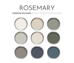 six different shades of paint with the words rosemary on them in black, white and grey