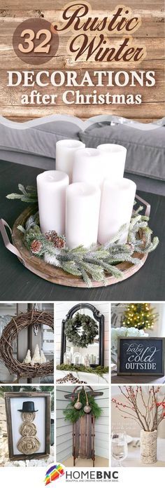 the winter decorations are on display in front of a wooden sign with candles and wreaths