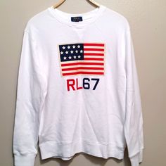 Brand New With Tags. It Is A Size Xl(16-18) Which Is The Casual White Tops With American Flag Print, Casual Long Sleeve T-shirt With Flag Print, White Cotton Top With American Flag Print, Sporty White Tops With American Flag Print, White Long Sleeve T-shirt With American Flag Print, White Crew Neck Top With Flag Print, Casual White Flag Print Top, Casual White Top With Flag Print, White Cotton Top With Flag Print