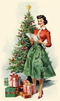 a woman standing next to a christmas tree holding a piece of paper in her hand