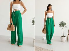 The women's high waisted linen Kelly green palazzo pants are a stylish and comfortable addition to any wardrobe.  Made from high-quality linen fabric, these pants are perfect for warm weather and are designed to keep you cool and comfortable all day long.  The Kelly green color is vibrant and eye-catching, making these pants a great choice for any casual or dressy occasion. The high waist design creates a flattering silhouette that elongates the legs and accentuates the waistline.  The palazzo style is flowy and loose, providing plenty of room for movement and allowing air to circulate freely, keeping you cool and comfortable in hot weather. MATERIAL: Natural linen with the addition of cotton: 90% linen, 10% cotton. PRODUCT CARE  - hand wash at 30 oC, - do not soak the product. - manual wr Linen Green Pants Outfit, Green Wide Leg Pants For Work, Green Ankle-length Wide Leg Pants For Spring, Trendy Green Ankle-length Wide Leg Pants, Green Cotton Wide Leg Vacation Pants, Green Cotton Wide Leg Pants For Vacation, Green Wide-leg Pants For Day Out, Green Ankle-length Wide Leg Pants, Green Straight Leg Pants For Day Out