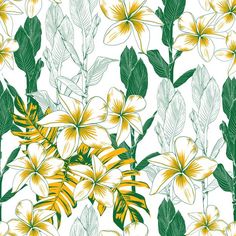 seamless floral pattern with yellow and green flowers on white background - stock photo, illustration