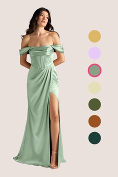 a woman in a green dress standing next to color swatches and the image shows off her legs