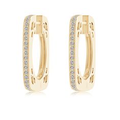 These stylish square hoops adorned with sparkling diamonds exude a contemporary look. The diamonds are encrusted in stunning 14k yellow gold pave settings. Designed with cutwork on the lustrous metal, these diamond square hoop earrings with hinged clips provide an appealing side view. Luxury Cubic Zirconia Diamond Earrings Channel Set, Luxury Diamond White Channel Set Diamond Earrings, Luxury Gold Huggie Earrings Channel Set, Luxury Rectangular Diamond Earrings, Luxury White Gold Diamond Earrings Rectangular, Luxury White Gold Diamond Earrings In Rectangular Shape, Luxury White Gold Rectangular Diamond Earrings, Modern Gold Diamond Earrings With Pave Setting, Luxury Rectangular Cubic Zirconia Diamond Earrings