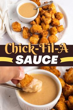 a person dipping sauce on tater tots in a white bowl with the words chicken - fi - a sauce above it