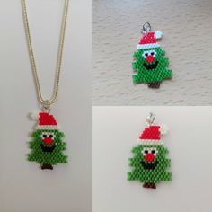 three different pictures of christmas trees made out of beads and silver chains, one with an ornament on it