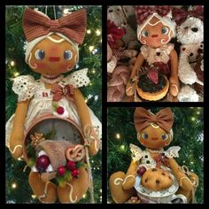 three pictures of gingerbread dolls hanging from a christmas tree, one with an ornament on it