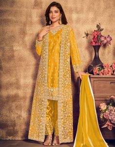 Mustard Yellow Pant style Suit Soft Net Salwar Kameez in Embroidery, Stone & Lace Work:Arabic Attire Dress For Haldi Function, Mustard Yellow Pants, Celana Fashion, Salwar Kamiz, Designer Anarkali, Yellow Pants, Anarkali Gown, Salwar Kameez Designs, Anarkali Dress