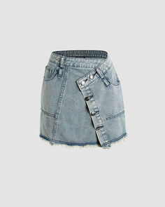 Details: Short denim skirt with asymmetric overlapping designSkirt Length: ShortMaterials:95% Polyester + 5% Spandex * Note: All new denim products come with button holes knitted to make sure such product is 100% new from suppliers